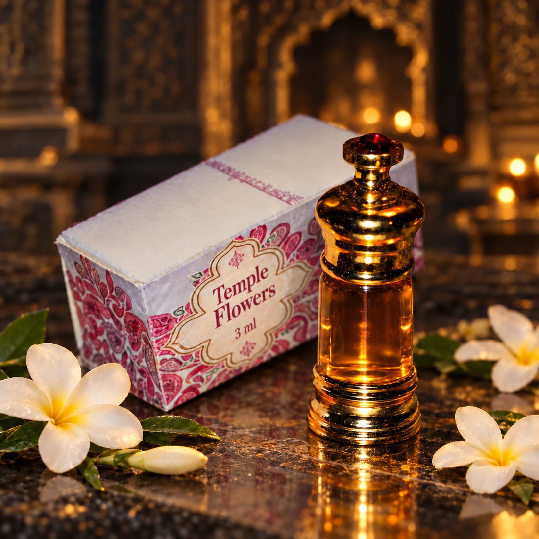 Temple Flowers 3ml perfume bottle with title on original box