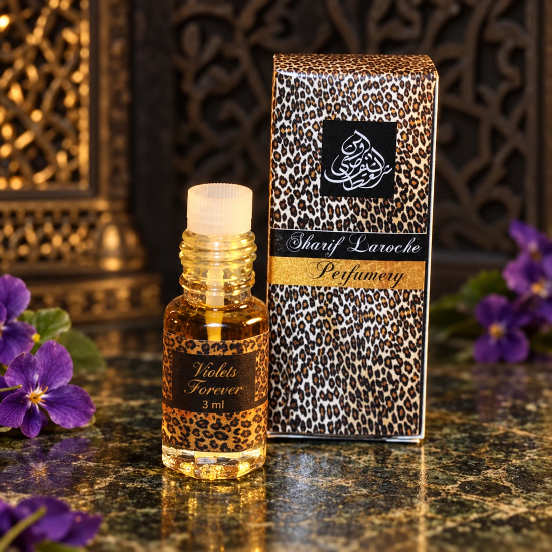 Violets Forever perfume oil 3 ml with original bottle and leopard-pattern box in a violet floral setting