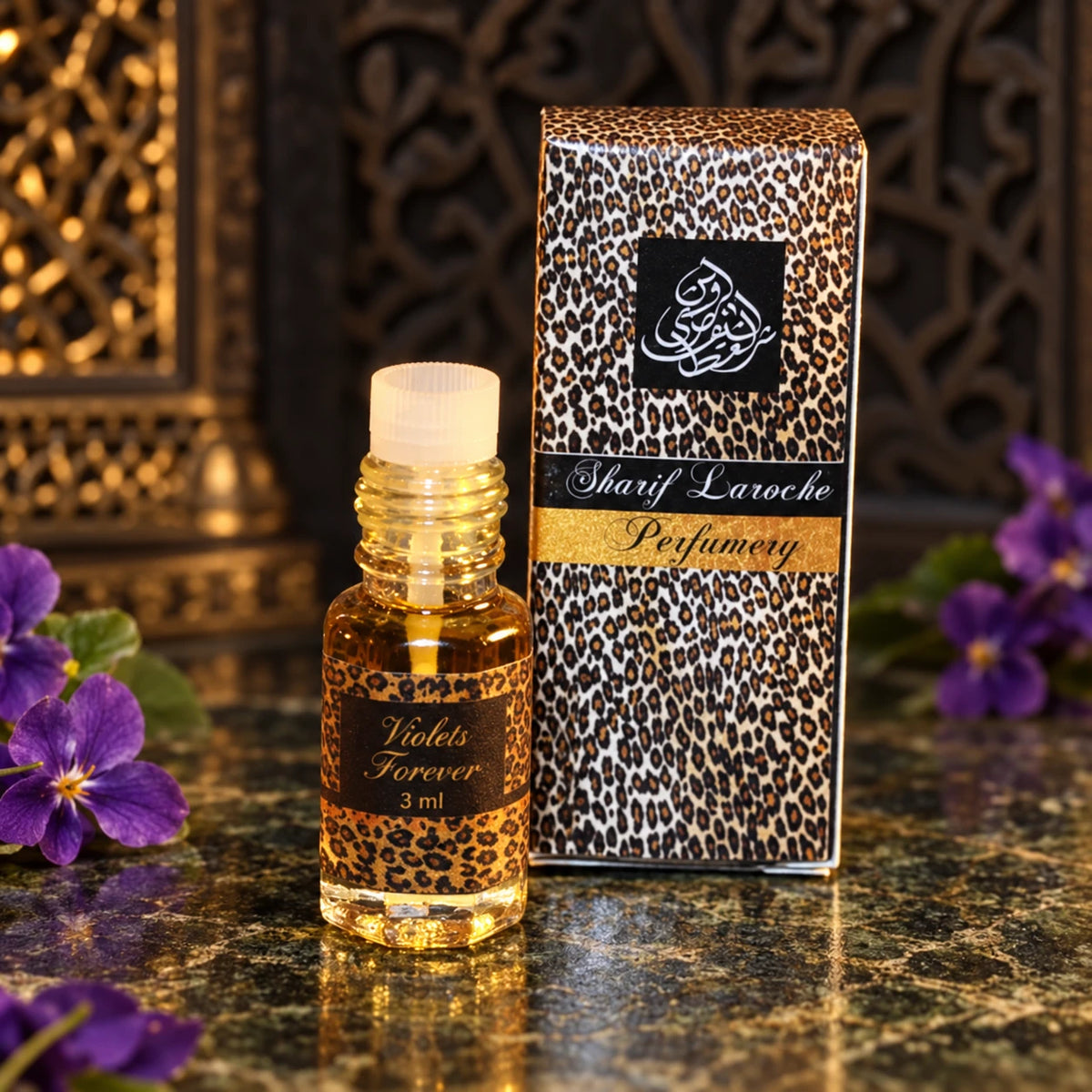 Violets Forever perfume oil 3 ml with original bottle and leopard-pattern box in a violet floral setting