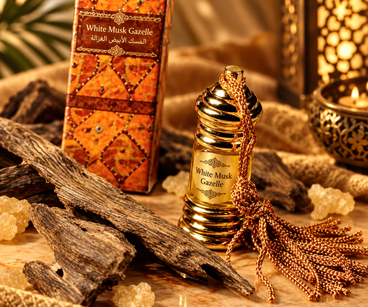 White Musk Gazelle 3ml natural musk perfume oil bottle with ornate gold cap and box