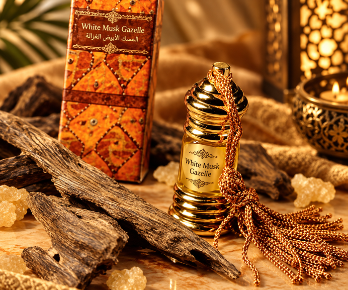 White Musk Gazelle 3ml natural musk perfume oil bottle with ornate gold cap and box