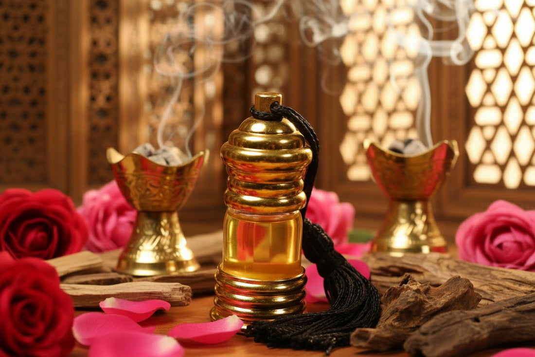Ambergris Taifi Rose Mukhallat 3ml ambergris and rose perfume oil bottle